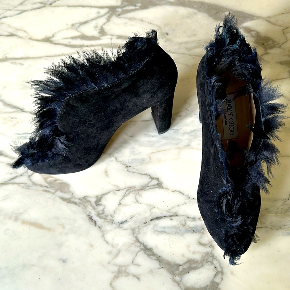Jimmy Choo suede booties w feather trim